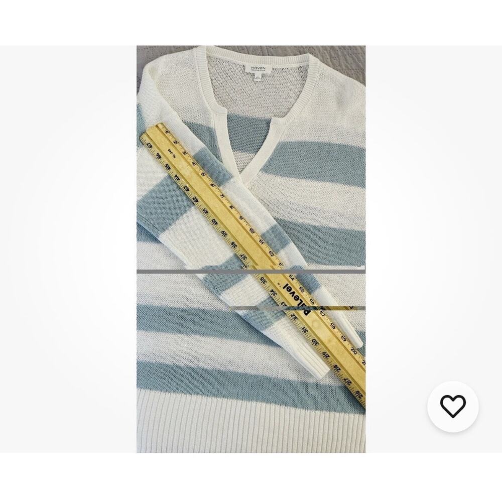 Haven Well Within Sz L Blue Striped V neck Linen, Org Cotton Coastal LS Sweater - Picture 8 of 8